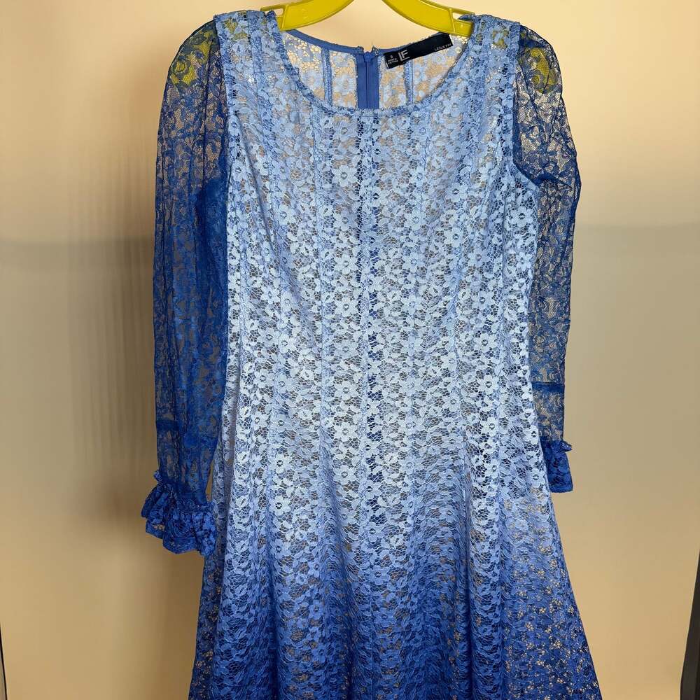 Leslie Fay Blue Ombre Floral Lace Long Sleeve Dress - Size 8